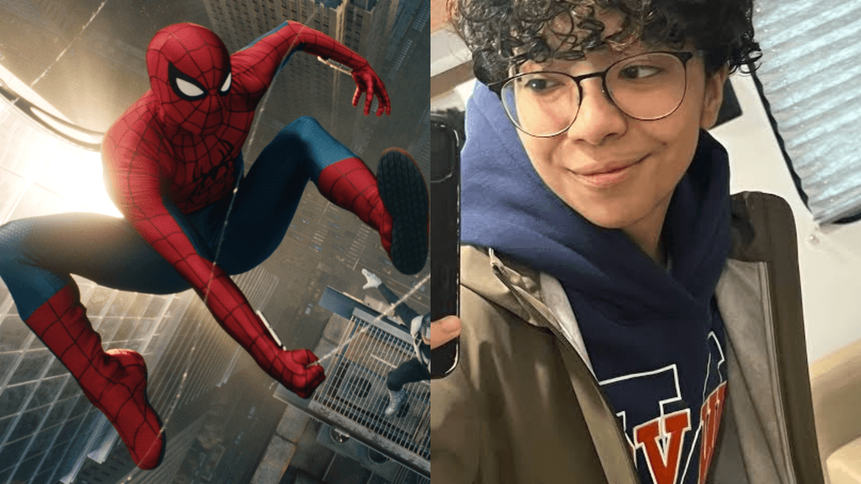 Spider-Man swings through city; person with glasses smiles, taking a selfie.