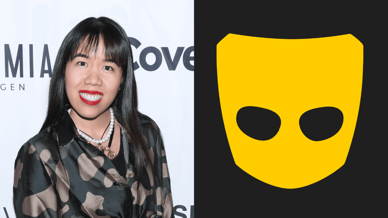 Split of J’Net Nguyen and Grindr logo