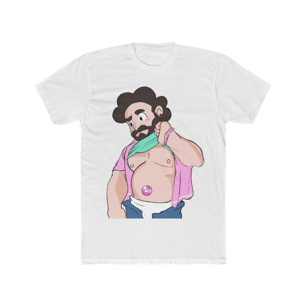 Steven Universe with his shirt open, wearing a jewel belly button ring.