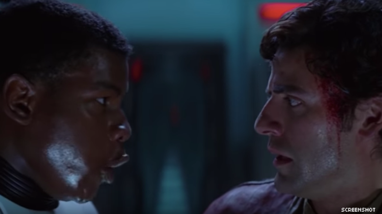 Still from Star Wars featuring Finn and Poe