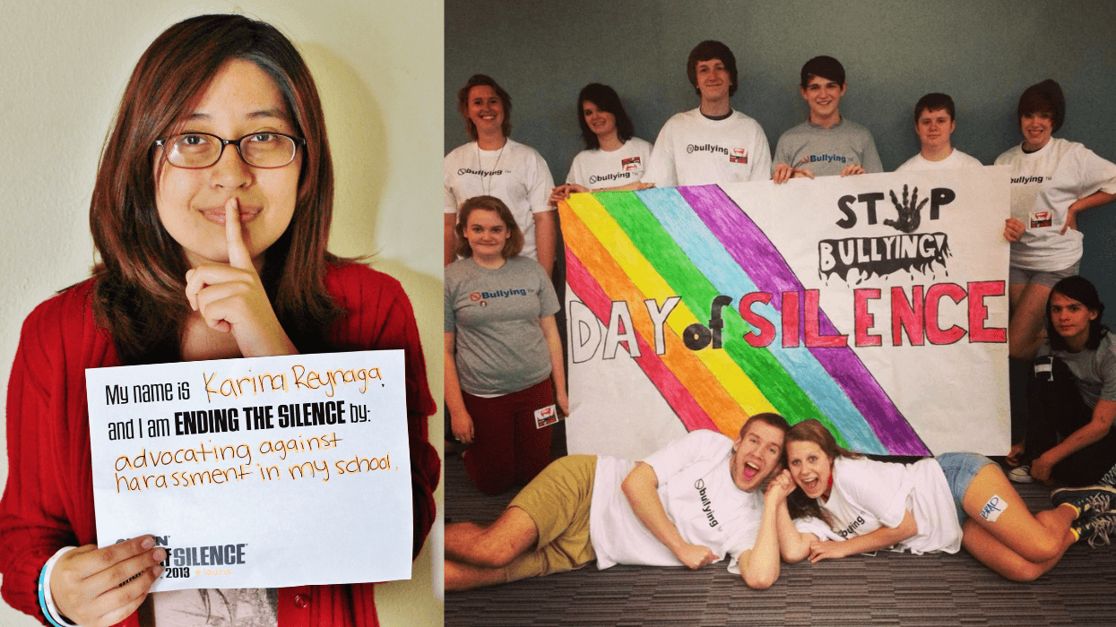 Students participate in GLSENās Day of Silence, with one student holding a sign about ending harassment and a group displaying a rainbow āDay of Silenceā anti-bullying poster