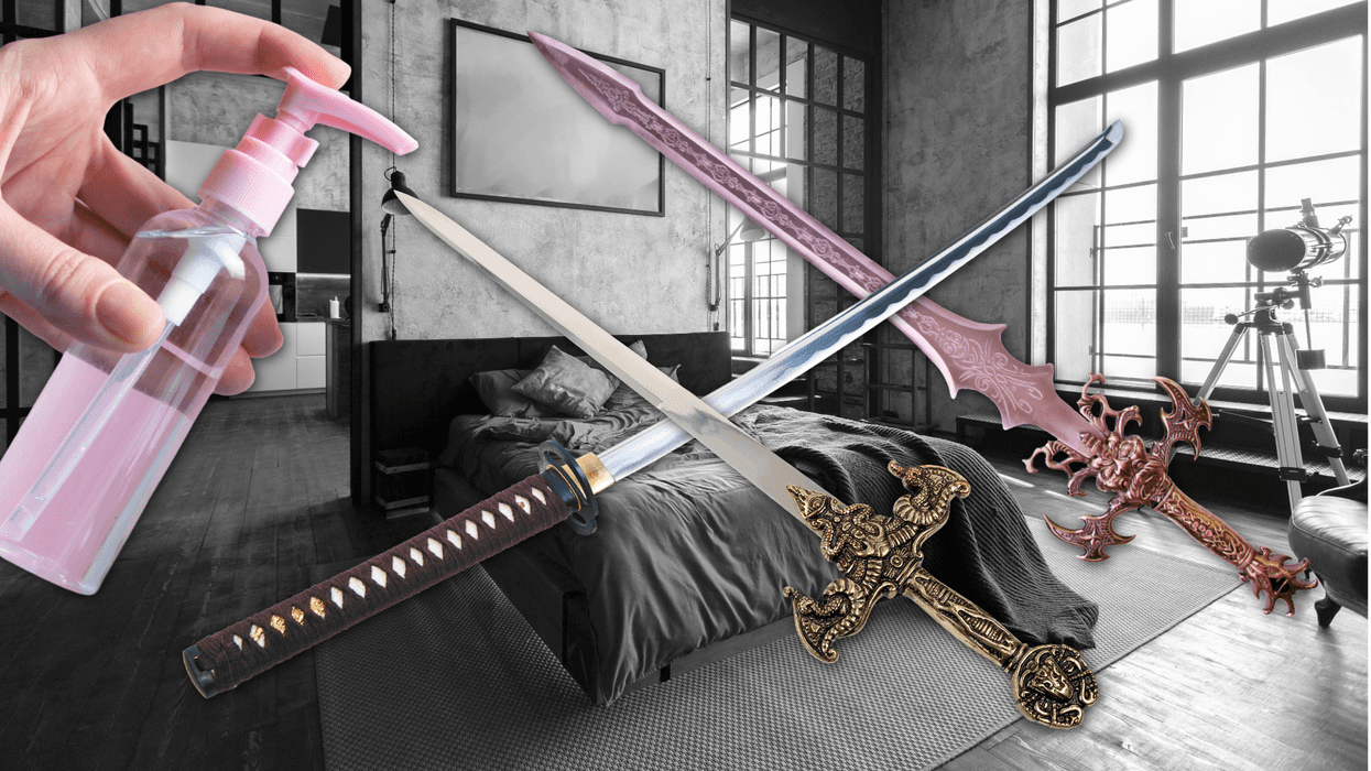 Swords crossed over a bedroom backdrop to represent frotting