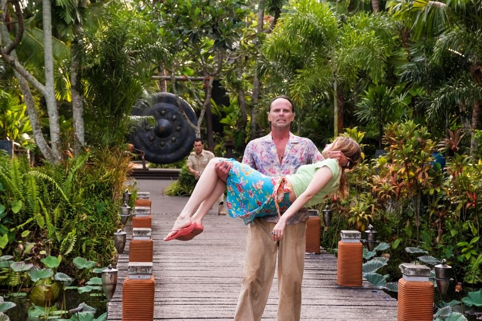 Tayme Thapthimthong, Walton Goggins, and Aimee Lou Wood on The White Lotus season 3 finale