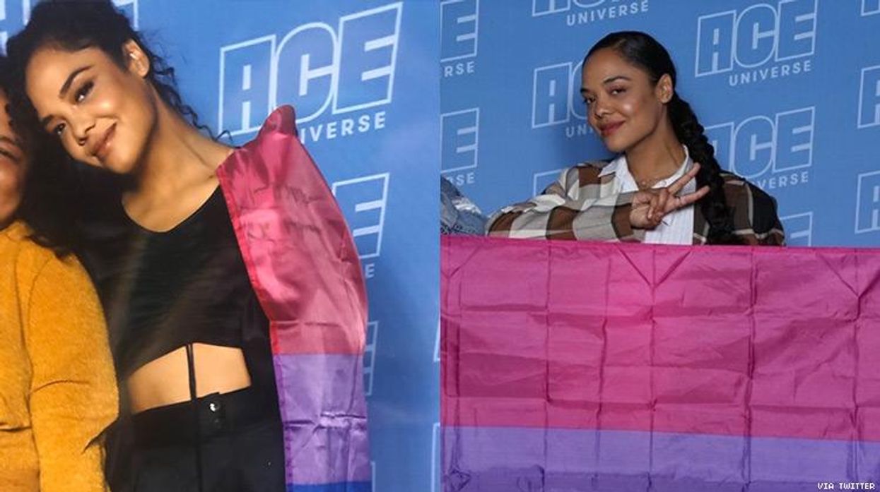 Tessa Thompson holding a bi flag