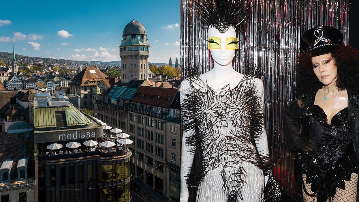The Bahnhofstrasse shopping district in Zurich, Switzerland; Susanne Bartsch next to a mannequin wearing one of her costumes