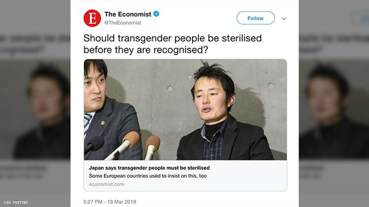 The Economist says deleted tweet asking if transgender people should be sterilized was a mistake.