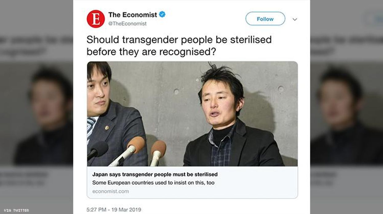 The Economist says deleted tweet asking if transgender people should be sterilized was a mistake.