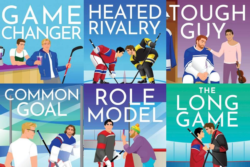 The official 2024 cover art for the six novels in Rachel Reid's \u200bGame Changers\u200b series of books; LEFT to RIGHT, Game Changer\u200b; Heated Rivalry; \u200bTough Guy\u200b; Common Goal; Role Model\u200b; \u200bThe Long Game\u200b