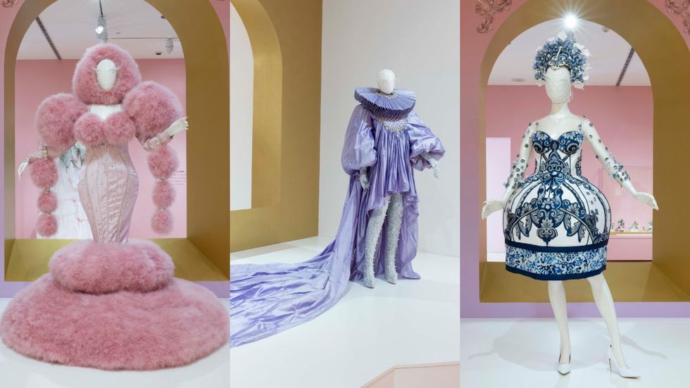 The Poodle Gown commissioned by Jimbo, 2022; Purple gown with cape, collar, and accessories commissioned by Sasha Velour, 2019; Delft dress and headpiece commissioned by Miz Cracker, 2019