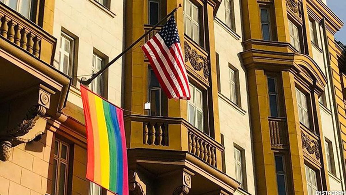 The U.S. embassy in Moscow, Russia, is flying a rainbow flag outside its doors as Russians vote on a series of constitutional amendments, including one that will ban marriage equality.