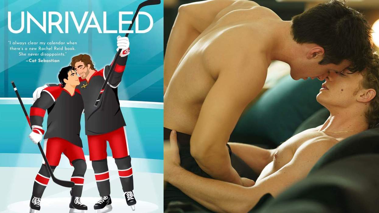 The 'Unrivaled' book cover and a scene of Shane and Ilya from 'Heated Rivalry' season one.