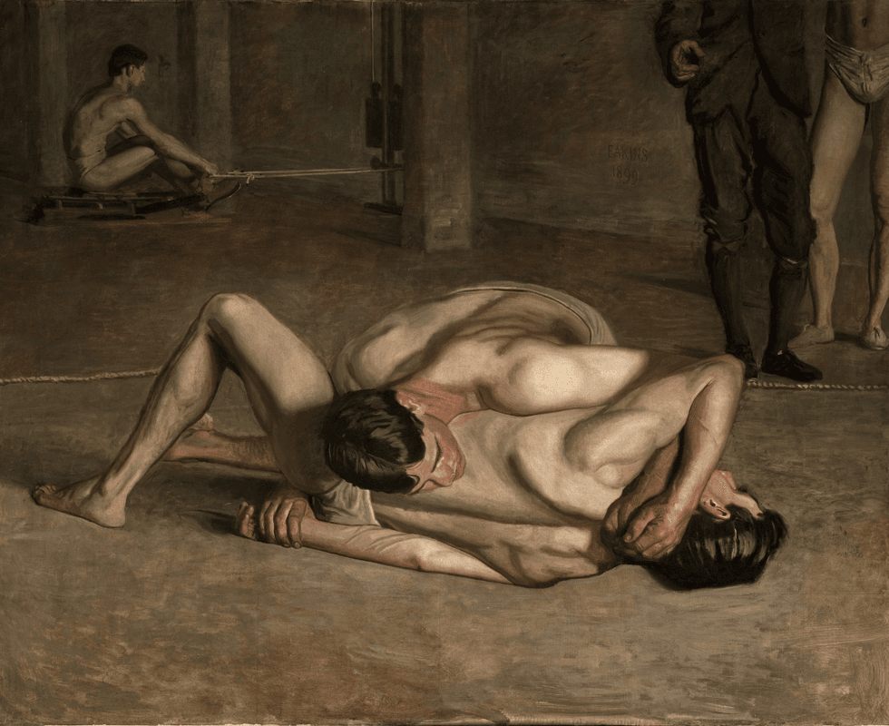 Thomas Eakins\u2019s Wrestlers, depicting two nude male athletes intertwined on the floor during a wrestling match.