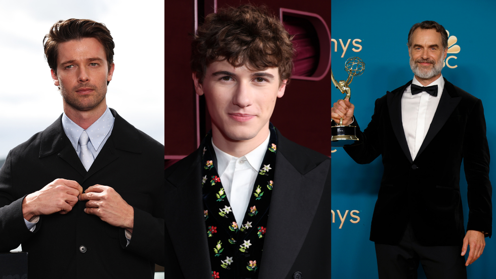 Three men posing on different red carpets in suits