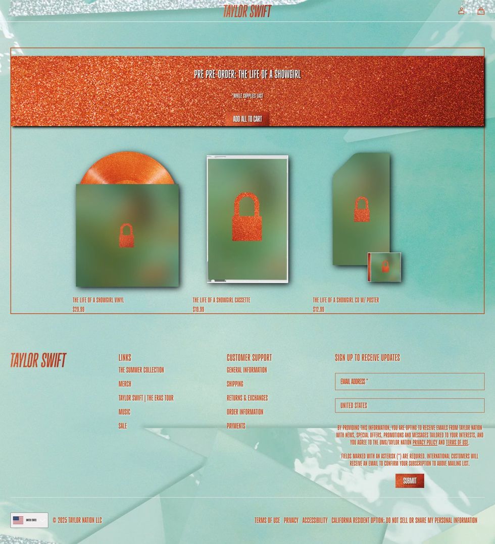 Three physical versions of Taylor Swift's \u200bThe Life of a Showgirl\u200b available on the singer's website as of Tuesday, August 12, 2025