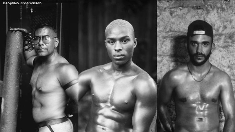 Three shirtless nude male figures.