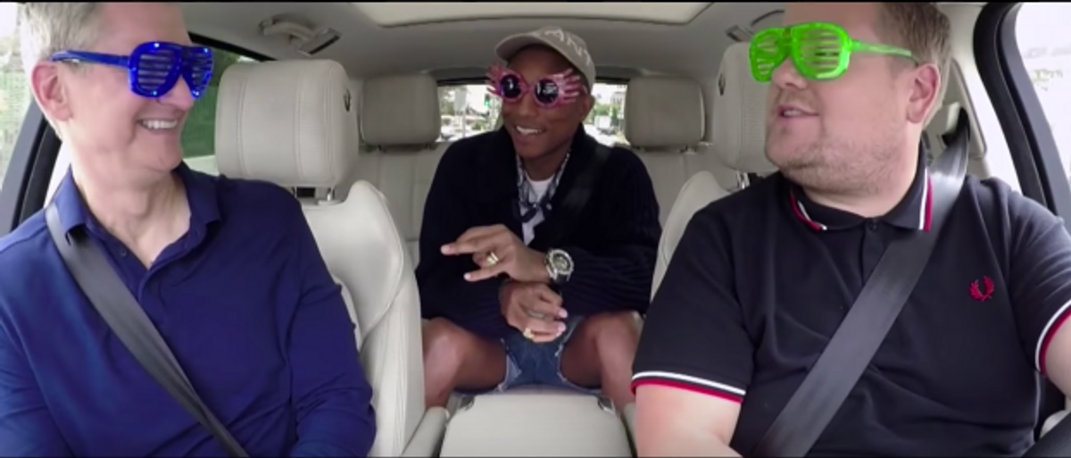 Tim Cook, Pharrell Williams, and James Corden don silly sunglasses during "Carpool Karaoke"