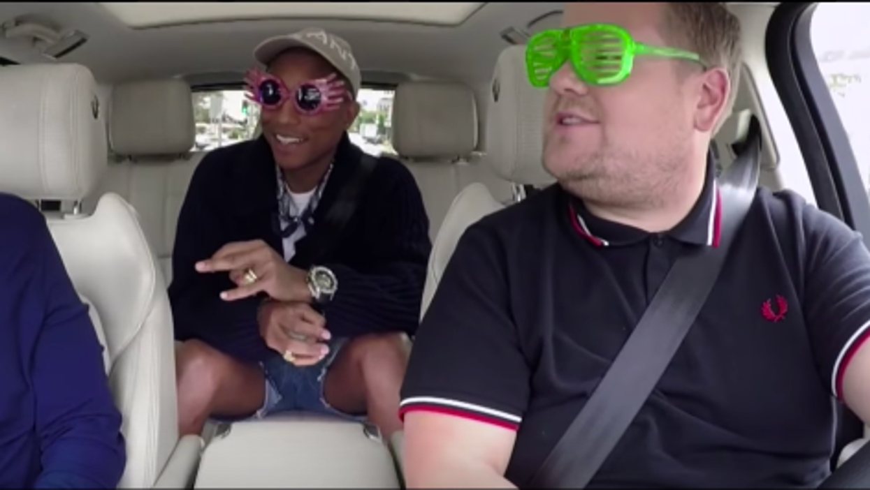Tim Cook, Pharrell Williams, and James Corden don silly sunglasses during "Carpool Karaoke"