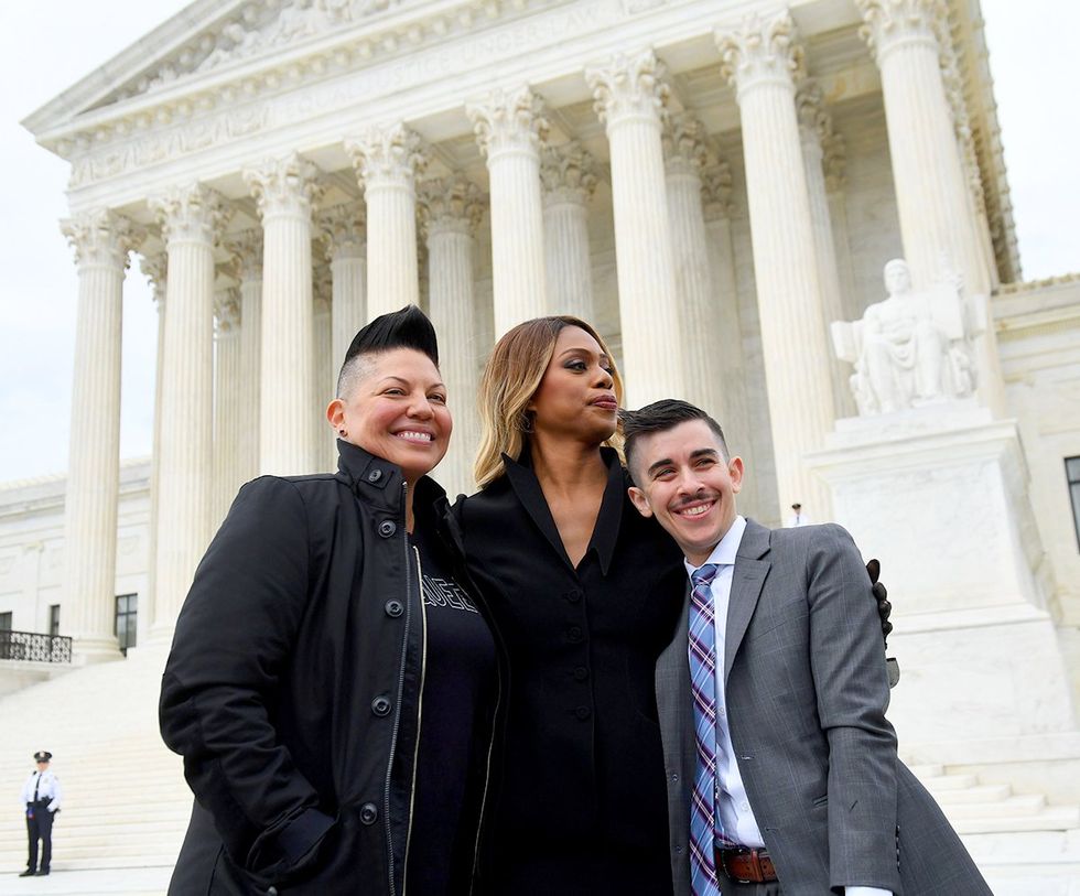 transgender actress Laverne Cox nonbinary actor Sara Ramirez attorney Chase Strangio LGBTQIA rights rally outside the US Supreme Court in Washington DC