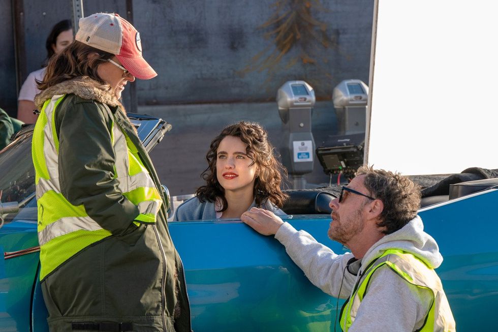 Tricia Cooke, actor Margaret Qualley and writer/director Ethan Coen on the set of their film HONEY DON\u2019T!