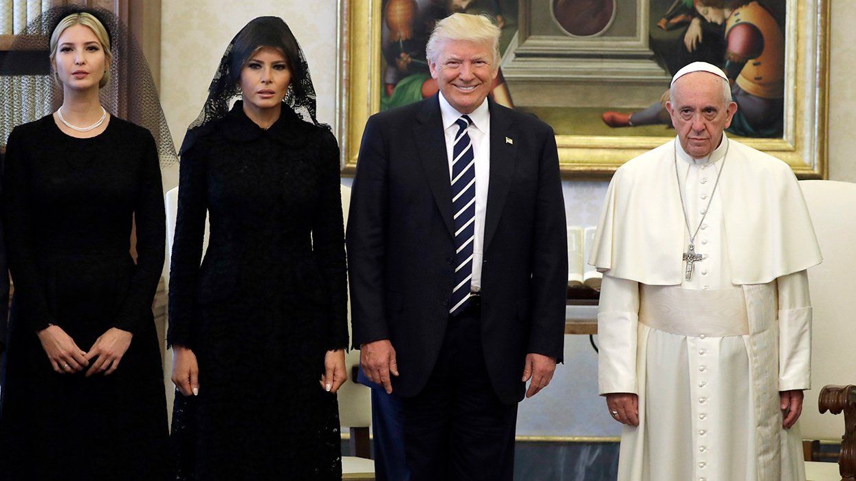 Trump family Pope Francis meeting left to right showing daughter Ivanka First Lady Melania President Donald all wearing black and Pope Francis in his white robe looking deflated