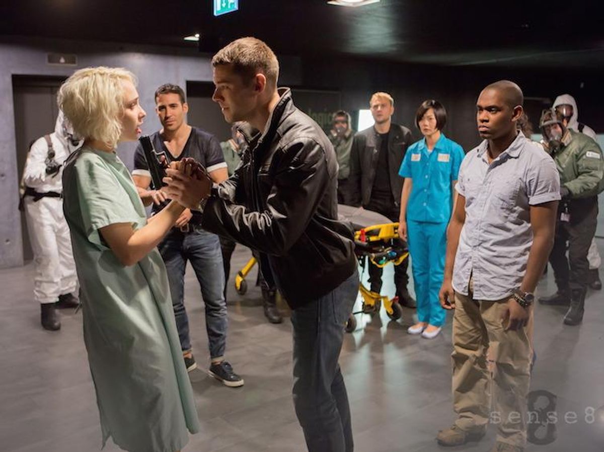 Tuppence Middleton, Brian J. Smith, Miguel Angel Silvestre (C), Max Riemelt (Back C), Doona Bae (Back R), and Aml Ameen in a scene from Netflix's "Sense8." 