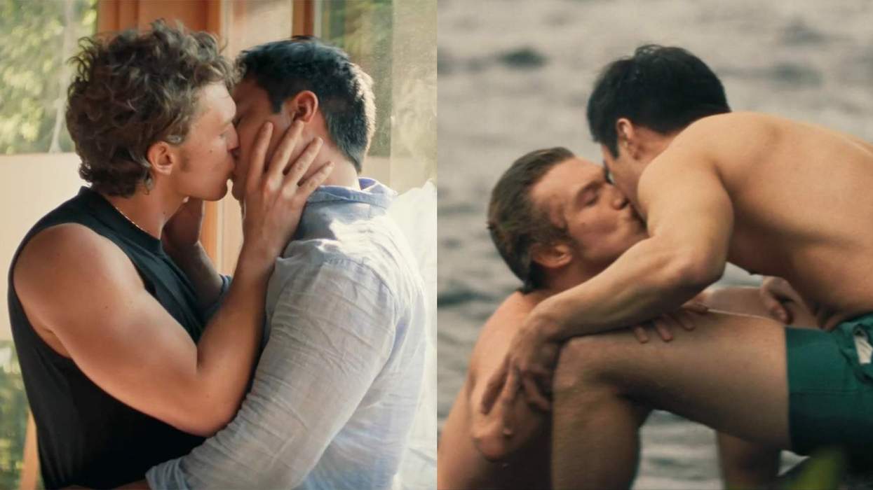 Two photos of Shane Hollander and Ilya Rozanov kissing in episode 6 of 'Heated Rivalry.'