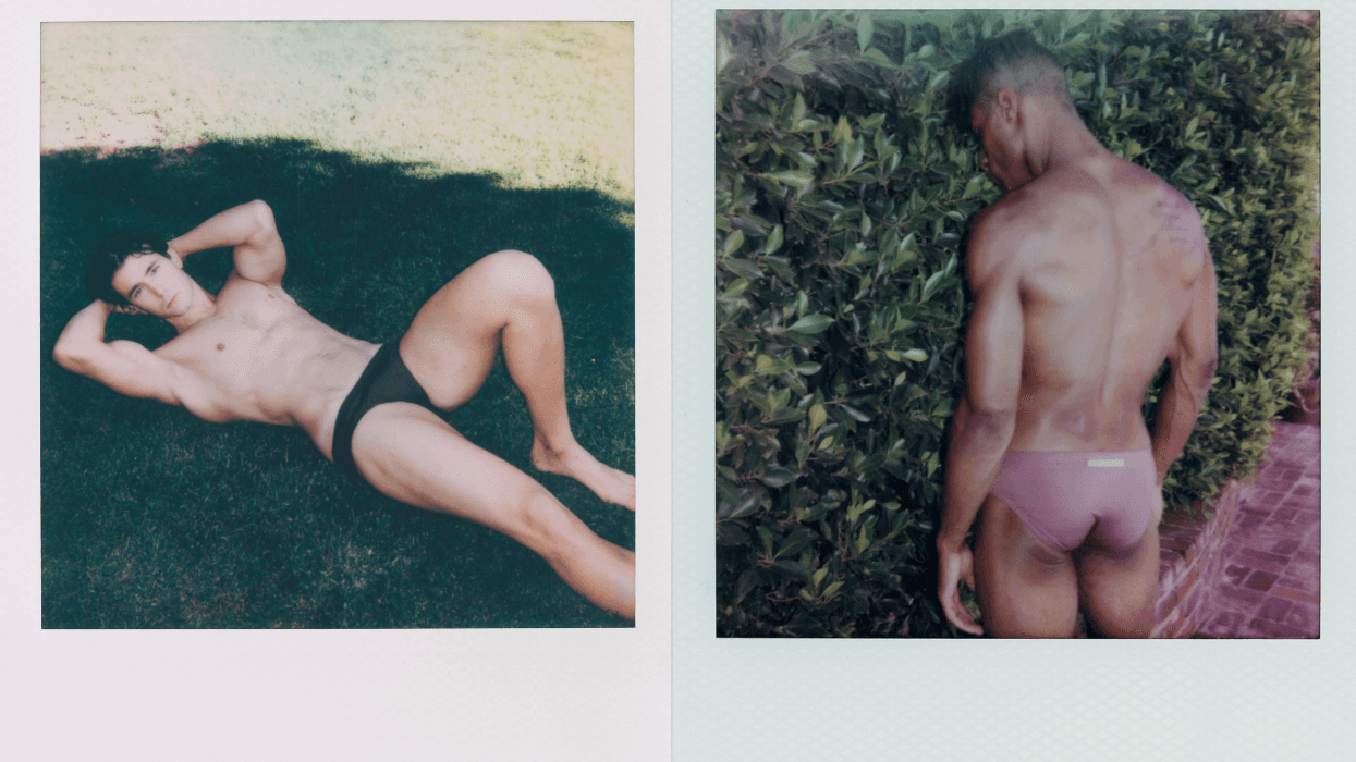 Two Polaroid portraits of men wearing briefs, one reclining on grass and one standing with his back turned.