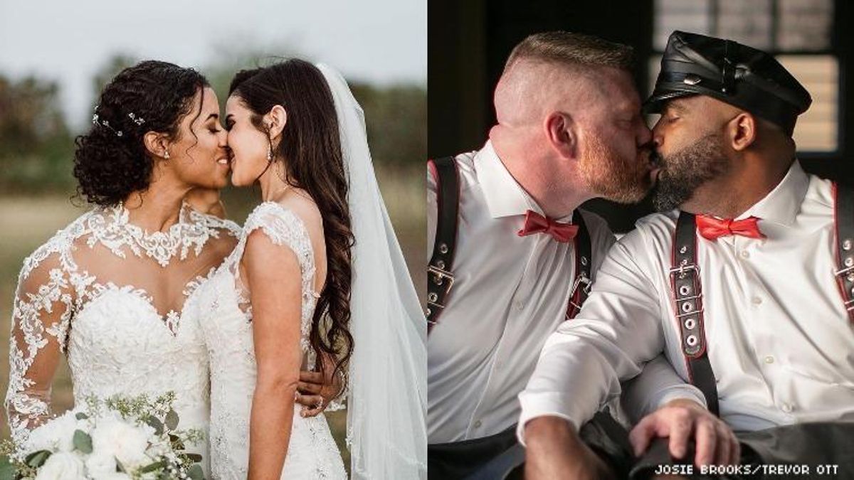 Two same-sex couples kissing at their weddings.