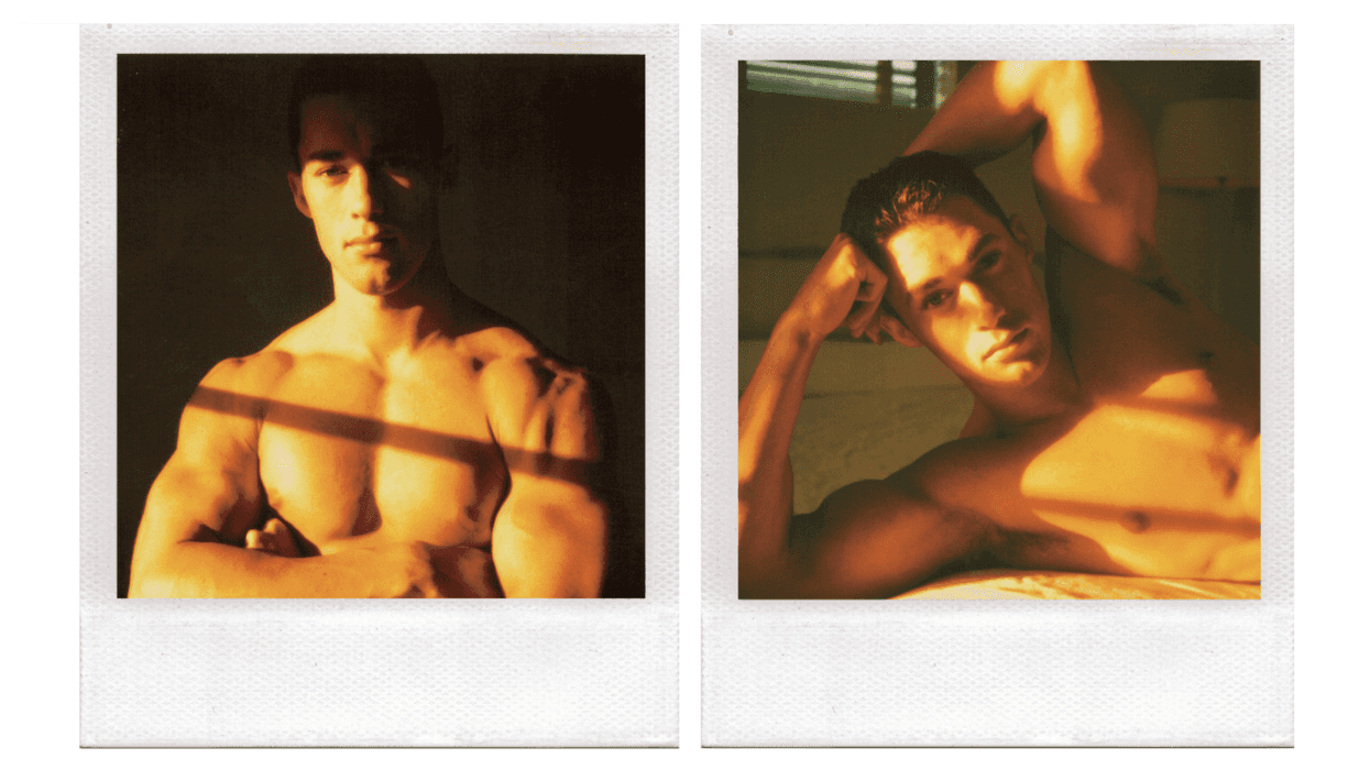 Two side-by-side Polaroid portraits of a shirtless young man posed in warm golden sunlight indoors. In the left image, he stands with his arms crossed as shadows from window blinds fall across his body and face. In the right image, he reclines on a bed with one arm raised above his head, looking toward the camera. Images from Michael Alagoās book Polaroid Encounters