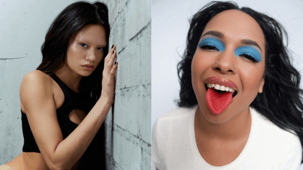 Two women: one against a wall, the other with bright makeup and red tongue extended.