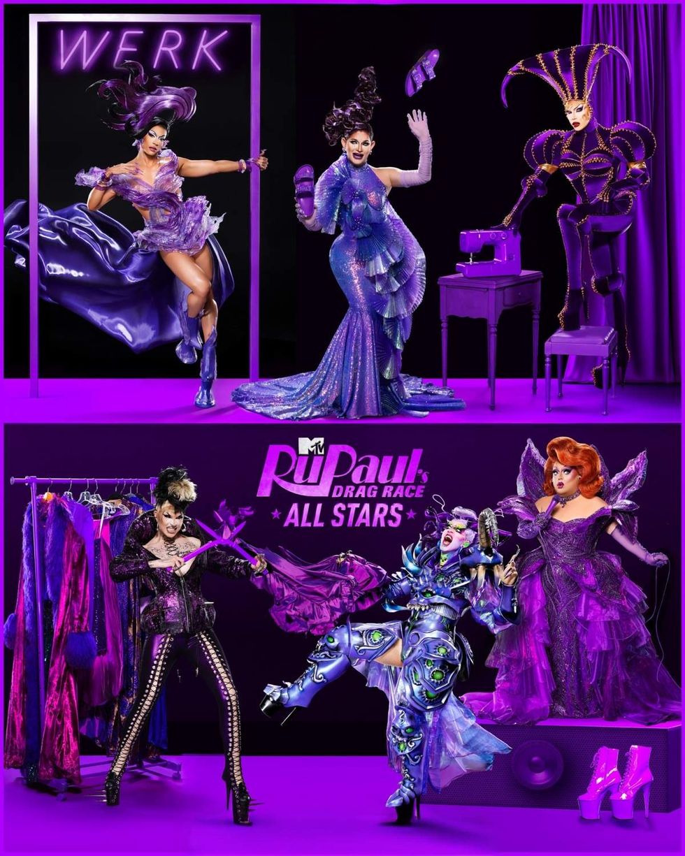 \u200b\u200b(TOP, L-R) Denali, Cynthia Lee Fontaine, Alyssa Hunter, (BOTTOM, L-R) Daya Betty, Acid Betty, and Ginger Minj as competitors in the Purple Bracket of \u200bRuPaul's Drag Race All Stars\u200b season 10