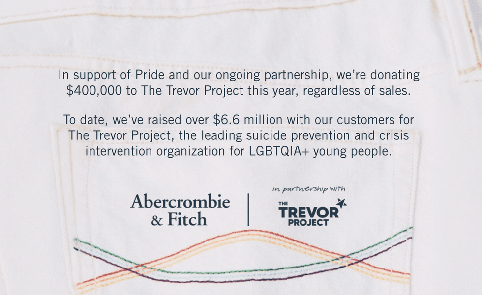 \u200b\u200bAn ad explaining that Abercrombie & Fitch plans to donate $400,000 to The Trevor Project this year.
