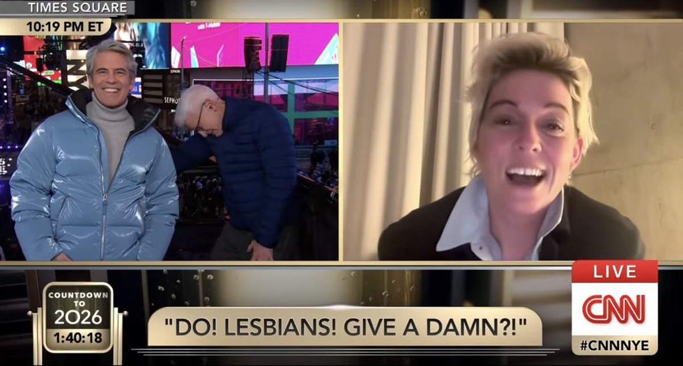 \u200b\u200bAndy Cohen and Anderson Cooper during the 2026 telecast of New Year's Eve Live on CNN, interviewing Brandi Carlile