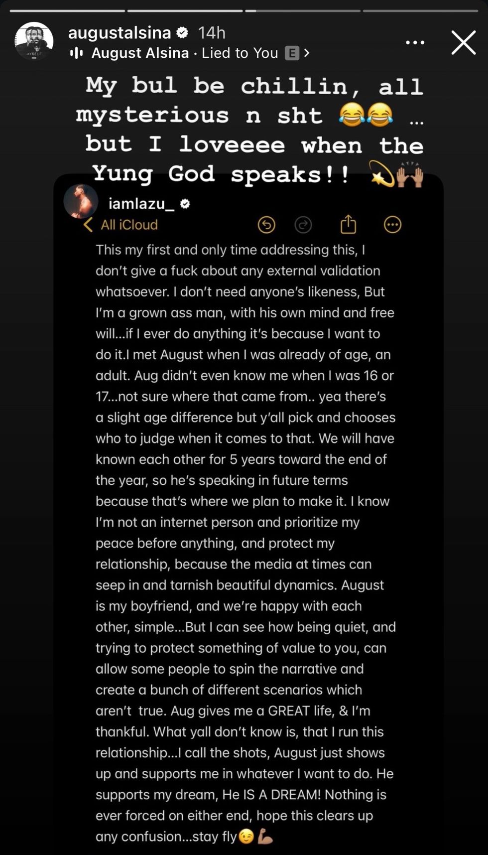 \u200b\u200bAugust Alsina re-shares Zu's statement from Instagram Story