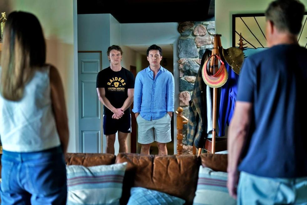 \u200b\u200bChristina Chang as Yuna Hollander, Connor Storrie as Ilya Rozanov, Hudson Williams as Shane Hollander, and Dylan Walsh as David Hollander on Heated Rivalry episode 6