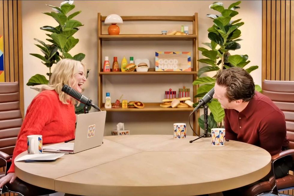 \u200bAmy Poehler and Jonathan Groff in an episode of the Good Hang podcast