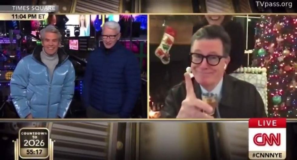 \u200bAndy Cohen and Anderson Cooper during the 2026 telecast of New Year's Eve Live on CNN, interviewing Stephen Colbert and his wife Evelyn McGee-Colbert