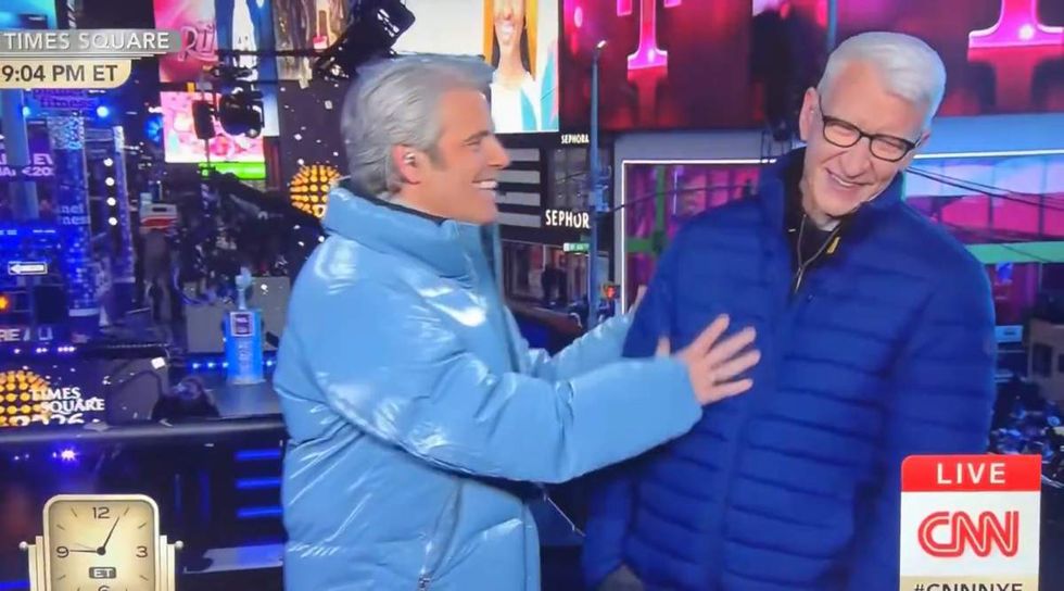 \u200bAndy Cohen and Anderson Cooper during the 2026 telecast of New Year's Eve Live on CNN