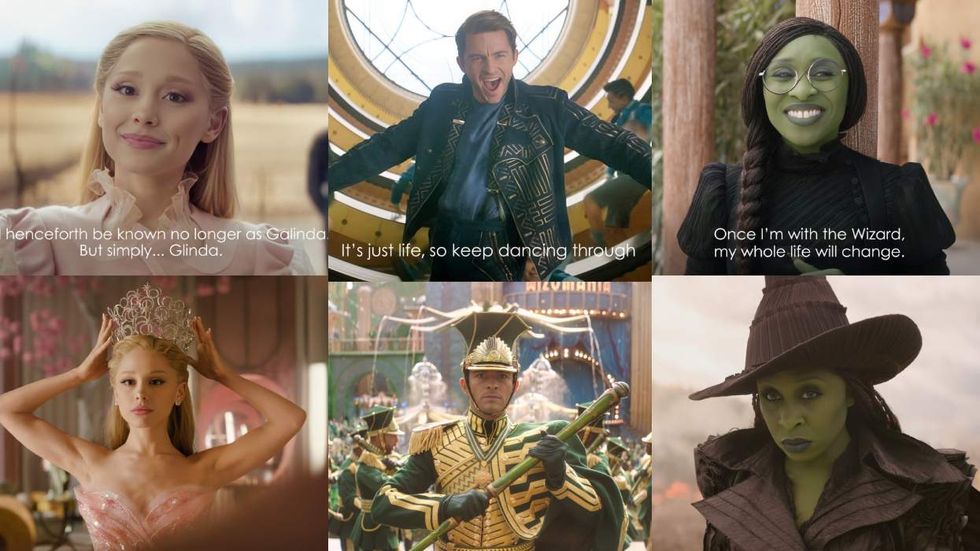 \u200bAriana Grande as Glinda; Jonathan Bailey as Fiyero; Cynthia Erivo as Elphaba ABOVE: 2024's Wicked; BELOW: 2025's Wicked For Good
