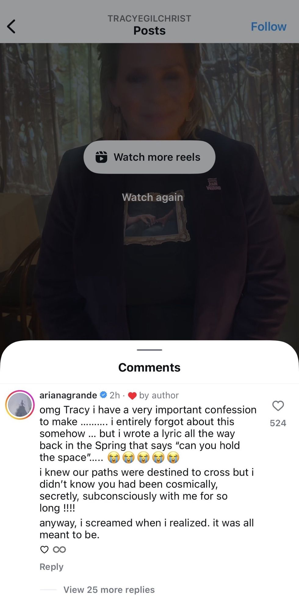 \u200bAriana Grande comments on Tracy E. Gilchrist's collab video with Yellowjackets on Instagram