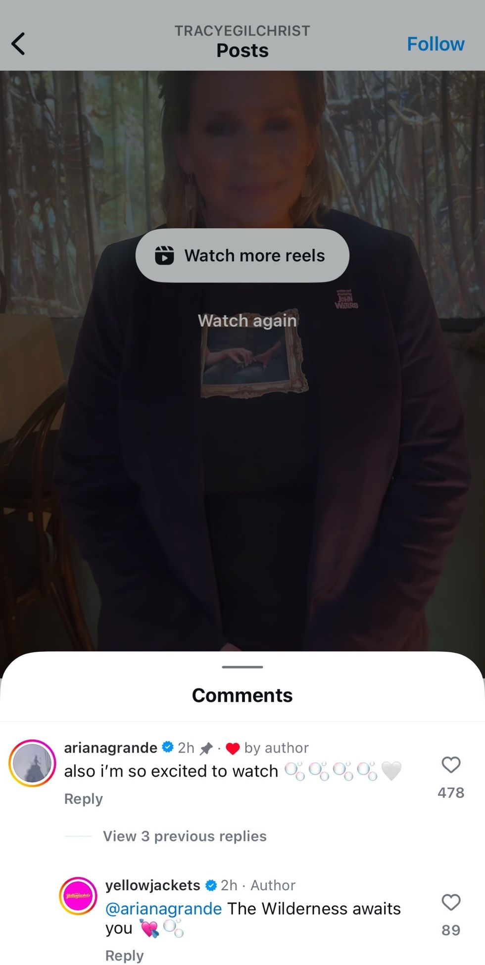 \u200bAriana Grande comments on Tracy E. Gilchrist's collab video with Yellowjackets on Instagram