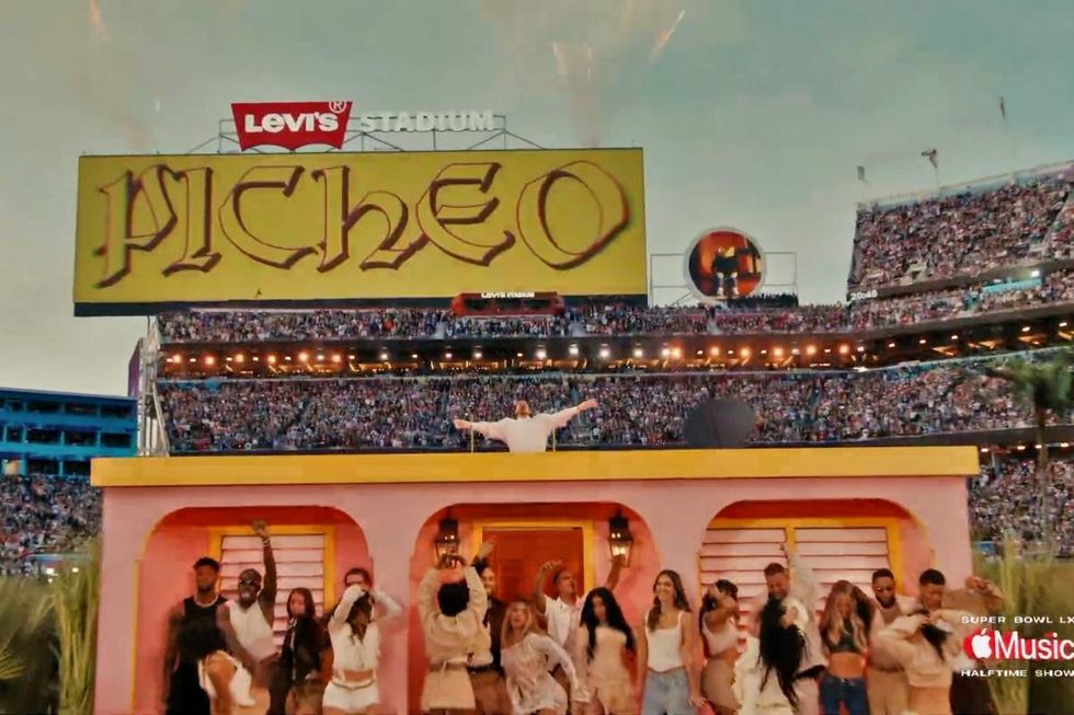 \u200bBad Bunny appears on the rooftop of La Casita while performing on the 2026 Super Bowl Halftime Show