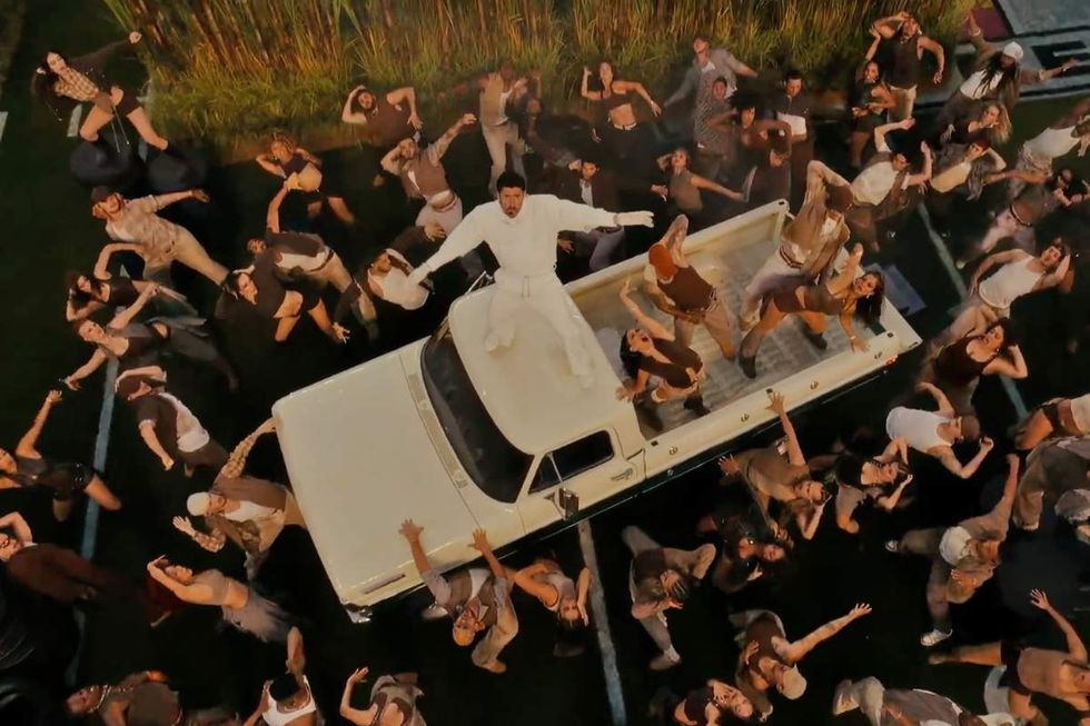 \u200bBad Bunny on the rooftop of a car while performing on the 2026 Super Bowl Halftime Show