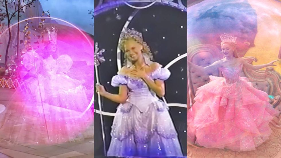 \u200bBillie Burke in 1939's The Wizard of Oz film; Kristin Chenoweth on Broadway's Wicked musical during the 2004 Tony Awards; Ariana Grande in the Wicked movie