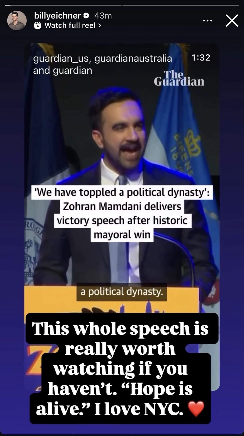 \u200bBilly Eichner via Instagram Story