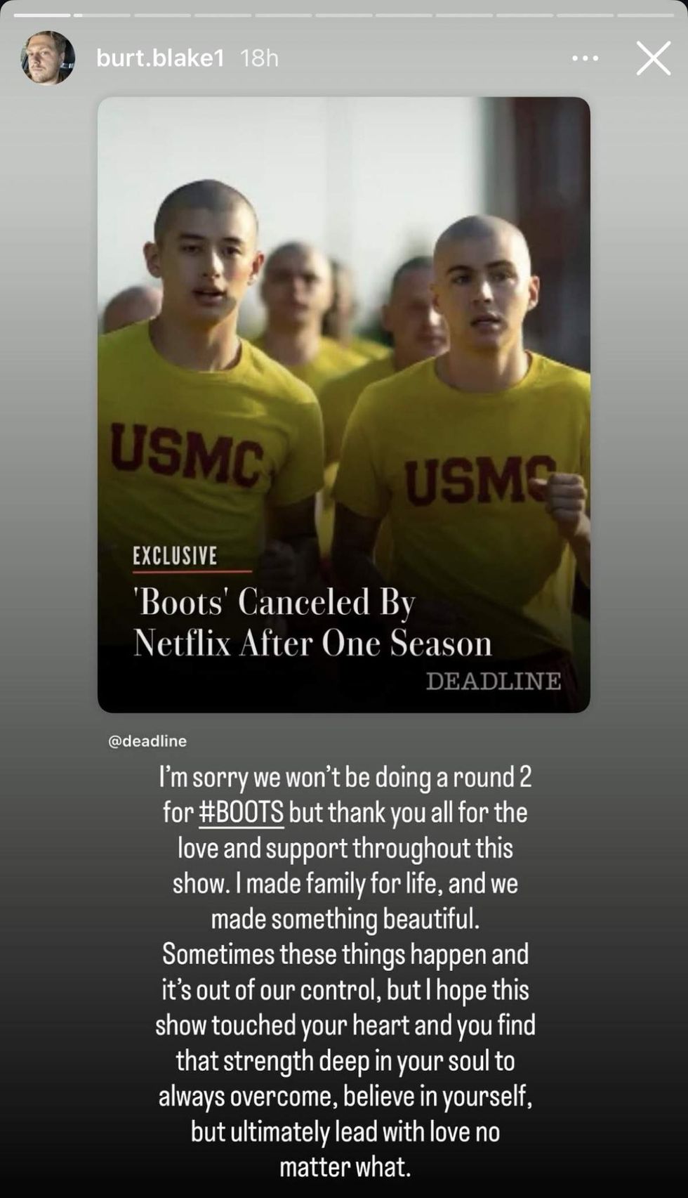 \u200bBlake Burt, who played John Bowman on Boots, shared via Instagram Story