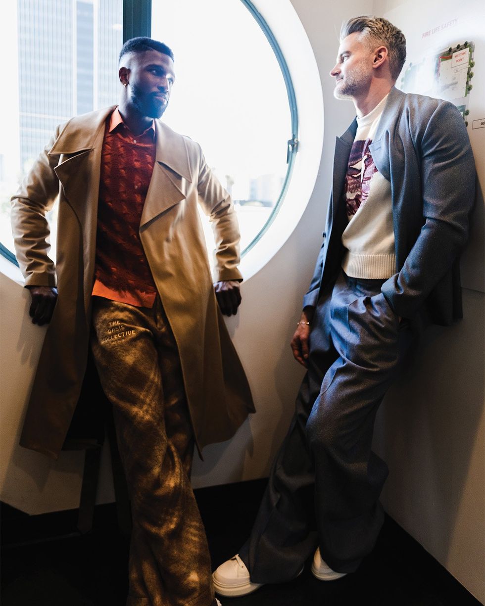 \u200bBRANDON in WEISHENG PARIS Coat; PIERRE BLANC Sweater and Shirt; COSMIC COLLECTIVE Pants; CONVERSE Boots; MATTHEW in CHRISTIAN DIOR Suit and Vest; STERLING FOREVER Bracelet; ALDO Shoes