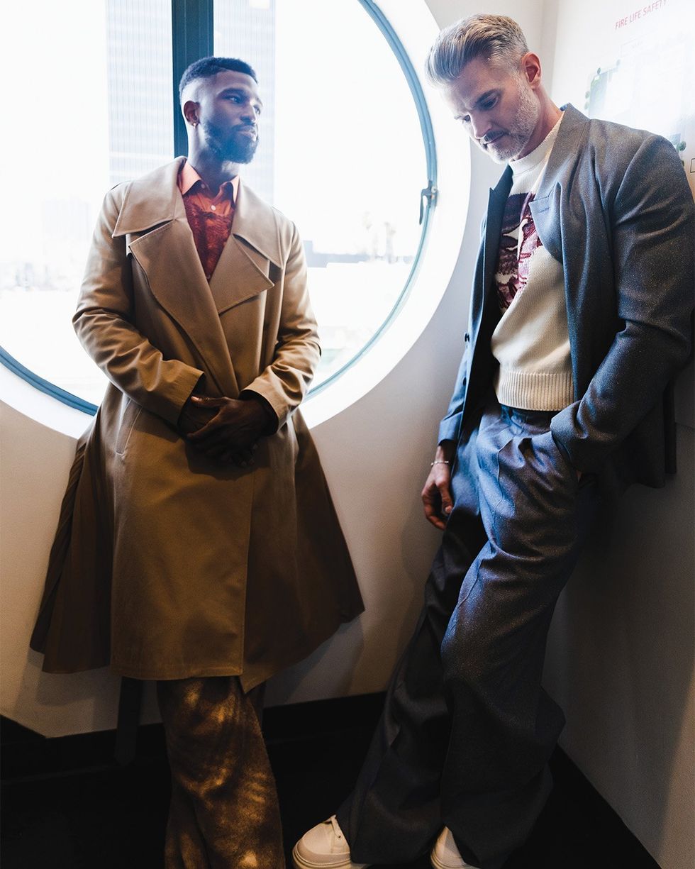 \u200bBRANDON in WEISHENG PARIS Coat; PIERRE BLANC Sweater and Shirt; COSMIC COLLECTIVE Pants; CONVERSE Boots; MATTHEW in CHRISTIAN DIOR Suit and Vest; STERLING FOREVER Bracelet; ALDO Shoes
