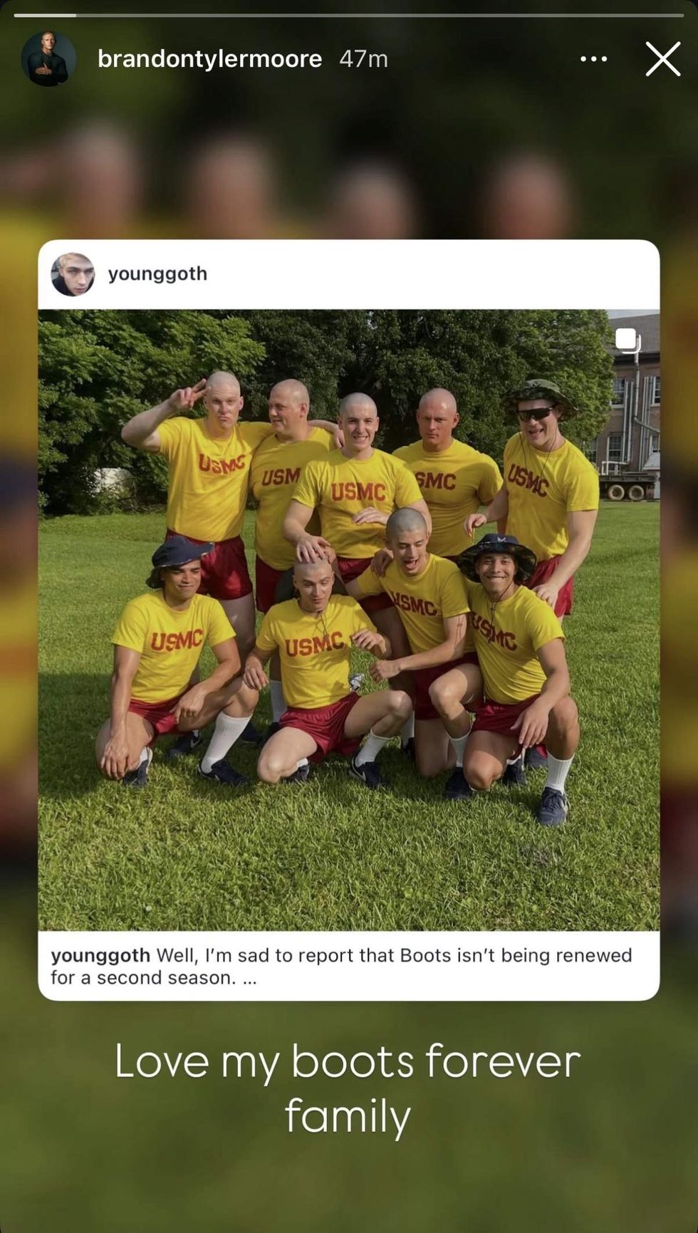 \u200bBrandon Tyler Moore, who played Cody Bowman on \u200bBoots\u200b, shared via Instagram Story