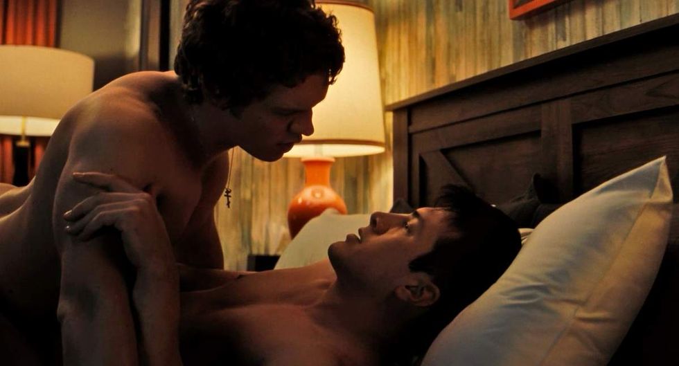 \u200bConnor Storrie as Ilya Rozanov and Hudson Williams as Shane Hollander on Heated Rivalry episode 1